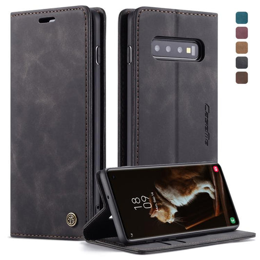 Coque CaseMe-013 en cuir givré rétro multifonctionnel à rabat horizontal pour Galaxy S10, avec fentes pour cartes et support et portefeuille (Noir)