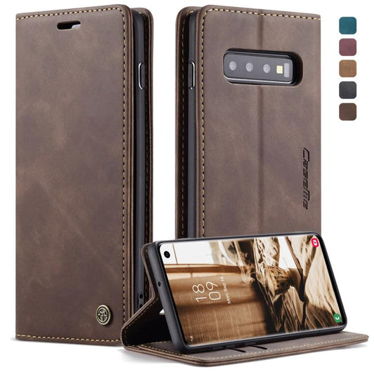 Étui en cuir rétro mat multifonction CaseMe-013 à rabat horizontal pour Galaxy S10, avec fente pour cartes, support et portefeuille (Café)