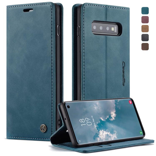 CaseMe-013 Étui multifonctionnel en cuir rétro dépoli à rabat horizontal pour Galaxy S10, avec fente pour cartes, support et portefeuille (Bleu)
