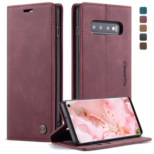 Coque en cuir rétractable CaseMe-013 multifonctionnelle rétro givrée pour Galaxy S10, avec fente pour carte et support et portefeuille (rouge bordeaux)