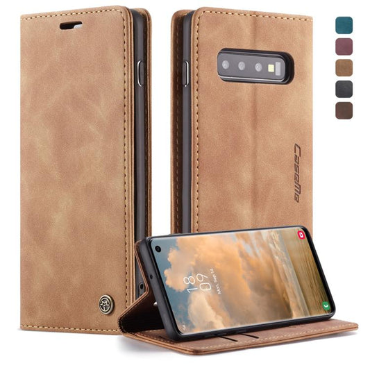 Étui à rabat horizontal en cuir givré rétro multifonctionnel CaseMe-013 pour Galaxy S10, avec fente pour carte et porte-cartes et portefeuille (marron)