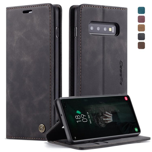 CaseMe-013 Étui portefeuille multifonctionnel en cuir givré à rabat horizontal de style rétro pour Galaxy S10 Plus, avec fentes pour cartes, support et portefeuille (Noir)