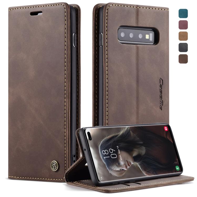 Coque en cuir à rabat horizontal dépoli rétro multifonctionnel CaseMe-013 pour Galaxy S10 Plus, avec fente pour cartes, support et portefeuille (Café)