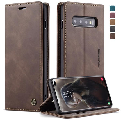 Coque en cuir à rabat horizontal dépoli rétro multifonctionnel CaseMe-013 pour Galaxy S10 Plus, avec fente pour cartes, support et portefeuille (Café)