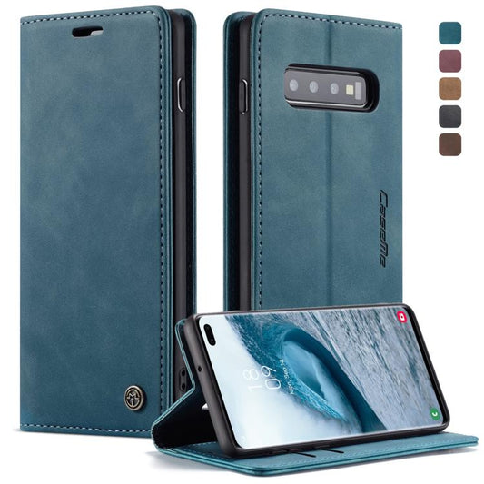 Étui en cuir à rabat horizontal dépoli rétro multifonction CaseMe-013 pour Galaxy S10 Plus, avec fente pour carte, support et portefeuille (bleu)