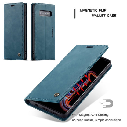 Étui en cuir à rabat horizontal dépoli rétro multifonction CaseMe-013 pour Galaxy S10 Plus, avec fente pour carte, support et portefeuille (bleu)