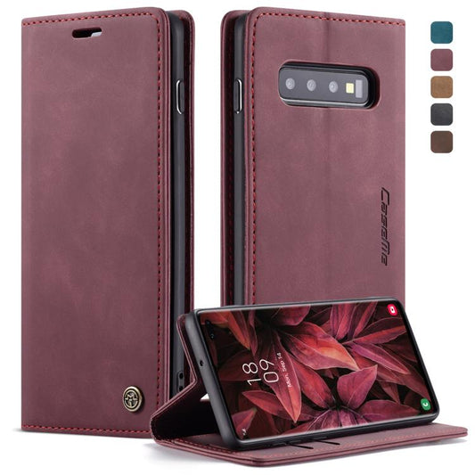 Étui en cuir à rabat horizontal dépoli multifonction CaseMe-013 Rétro pour Galaxy S10 Plus, avec fente pour cartes et support et portefeuille (rouge bordeaux)