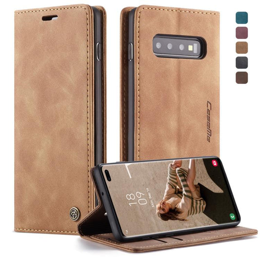 Étui en cuir rétro mat multifonctionnel CaseMe-013 à rabat horizontal pour Galaxy S10 Plus, avec fentes pour cartes et porte-monnaie (marron)
