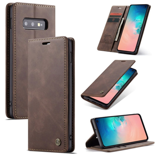 Étui en cuir rétro mat multifonctionnel CaseMe-013 à rabat horizontal pour Galaxy S10 E, avec fente pour cartes, support et portefeuille (Café)