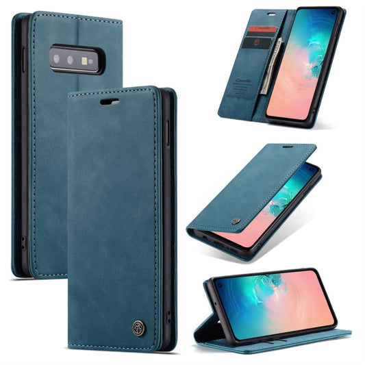 Étui en cuir rétro multifonctionnel CaseMe-013 à rabat horizontal dépoli pour Galaxy S10 E, avec fente pour cartes, support et portefeuille (Bleu)