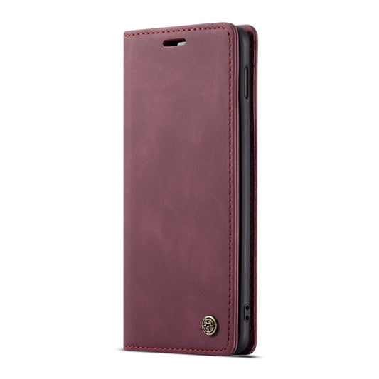 CaseMe-013 Étui multifonctionnel en cuir grainé givré rétro à rabat horizontal pour Galaxy S10 E, avec fente pour cartes, support et portefeuille (Rouge Vin)