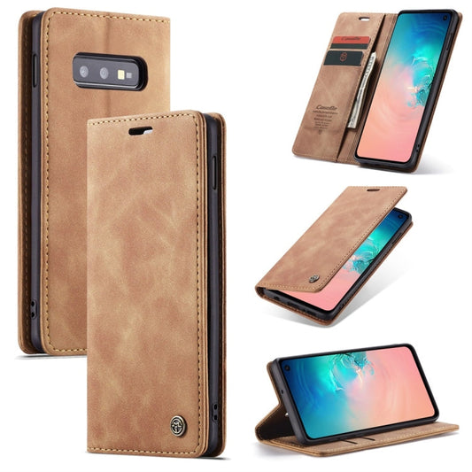 CaseMe-013 Étui multifonctionnel en cuir grainé givré rétro pour Galaxy S10 E, avec fente pour carte et support et portefeuille (marron)