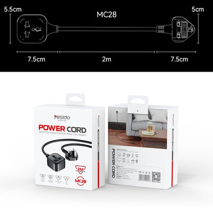 Câble de rallonge électrique Yesido MC28, fiche britannique vers prise universelle, longueur : 2 m