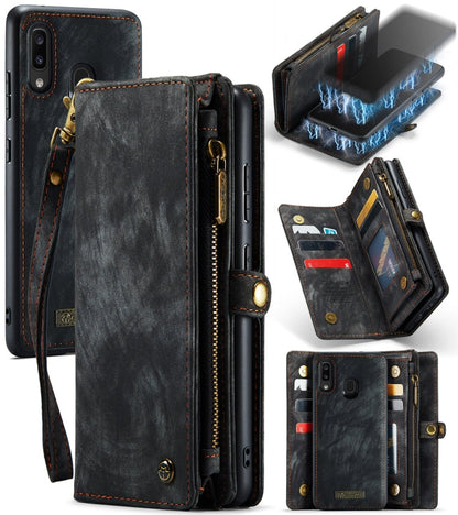 CaseMe-008 Detachable Multifunctional Retro Frosted Horizontal Flip Leather Case for Galaxy A20 / M10S, with Card Slot & Holder & Zipper Wallet & Photo Frame(Black)