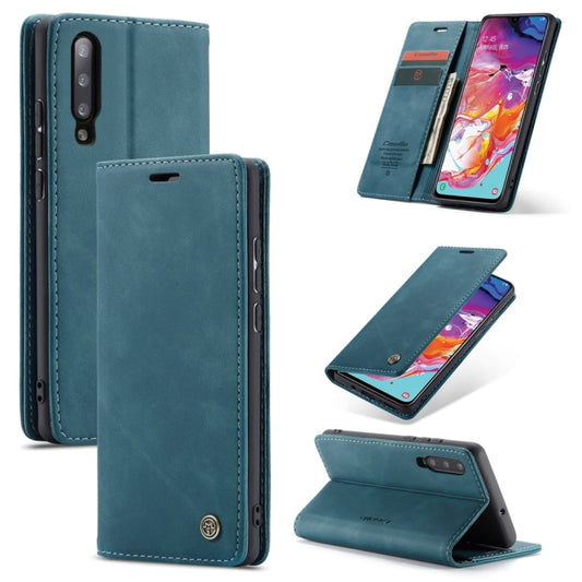Coque en cuir à rabat horizontal dépoli rétro multifonctionnel CaseMe-013 pour Galaxy A70, avec fente pour cartes et support et portefeuille à fermeture éclair et cadre photo (bleu)