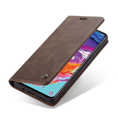 CaseMe-013 Multifunctional Retro Frosted Horizontal Flip Leather Case for Galaxy A70, with Card Slot & Holder & Zipper Wallet & Photo Frame(Coffee)