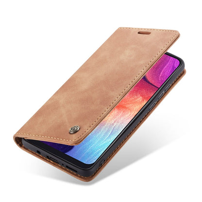 CaseMe-013 Étui multifonctionnel en cuir givré rétro à rabat horizontal pour Galaxy A30S / A50S / A50, avec fente pour cartes et support, portefeuille zippé et cadre photo (marron)