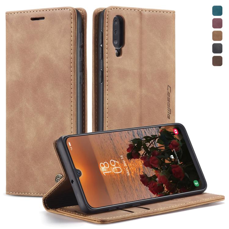 CaseMe-013 Étui multifonctionnel en cuir givré rétro à rabat horizontal pour Galaxy A30S / A50S / A50, avec fente pour cartes et support, portefeuille zippé et cadre photo (marron)