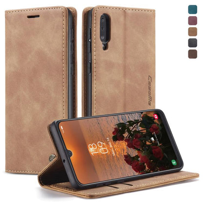 CaseMe-013 Étui multifonctionnel en cuir givré rétro à rabat horizontal pour Galaxy A30S / A50S / A50, avec fente pour cartes et support, portefeuille zippé et cadre photo (marron)