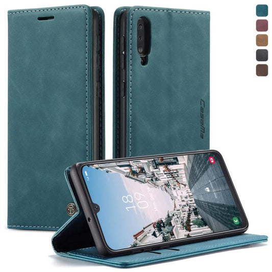 CaseMe-013 Étui multifonctionnel en cuir rétro dépoli à rabat horizontal pour Galaxy A30S / A50S / A50, avec fente pour cartes, support, portefeuille zippé et cadre photo (bleu)