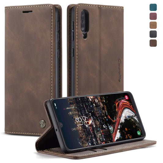 CaseMe-013 Étui multifonctionnel en cuir givré rétro à rabat horizontal pour Galaxy A30S / A50S / A50, avec fente pour carte et support et portefeuille à fermeture éclair et cadre photo (café)