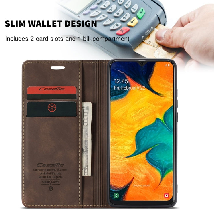Étui en Cuir Rétro Givré à Rabat Horizontal Multifonctionnel CaseMe-013 pour Galaxy A40, avec Fente pour Cartes et Porte-feuille (Café)