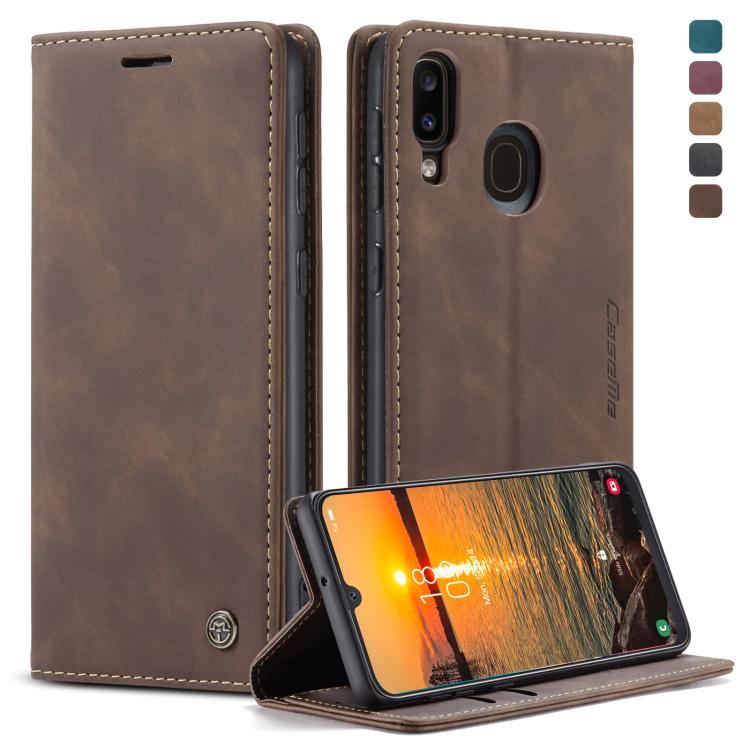 Étui en Cuir Rétro Givré à Rabat Horizontal Multifonctionnel CaseMe-013 pour Galaxy A40, avec Fente pour Cartes et Porte-feuille (Café)