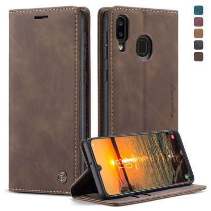 Étui en Cuir Rétro Givré à Rabat Horizontal Multifonctionnel CaseMe-013 pour Galaxy A40, avec Fente pour Cartes et Porte-feuille (Café)