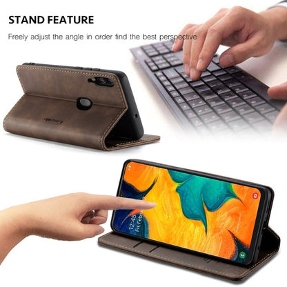 Étui en Cuir Rétro Givré à Rabat Horizontal Multifonctionnel CaseMe-013 pour Galaxy A40, avec Fente pour Cartes et Porte-feuille (Café)
