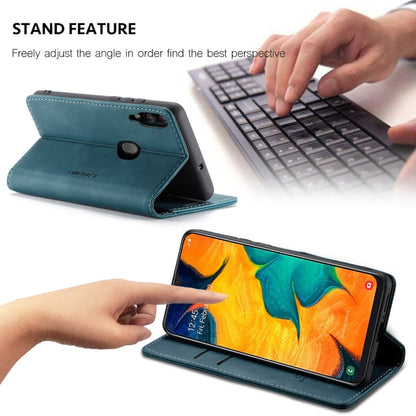Coque à rabat horizontal rétro givré multifonctionnel CaseMe-013 en cuir pour Galaxy A40, avec fente pour carte et support et portefeuille (bleu)