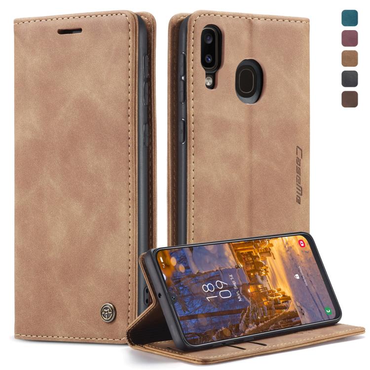 Étui en cuir à rabat horizontal givré rétro multifonctionnel CaseMe-013 pour Galaxy A40, avec fente pour cartes, support et portefeuille (marron)