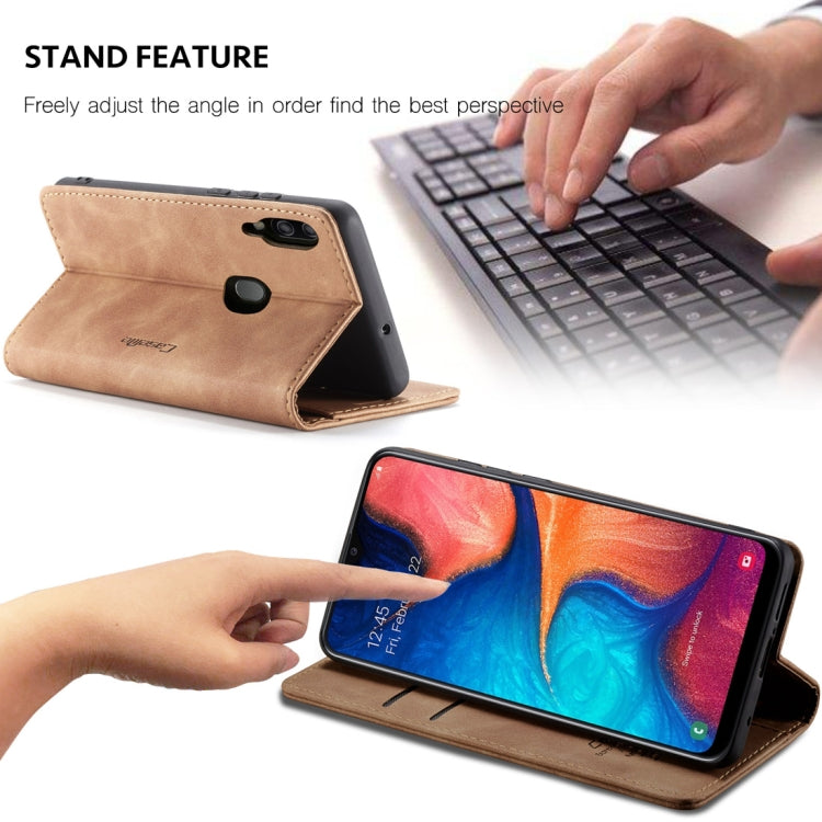 Étui en cuir à rabat horizontal dépoli rétro multifonctionnel CaseMe-013 pour Galaxy A20 / A30, avec fentes pour cartes et support et portefeuille (marron)