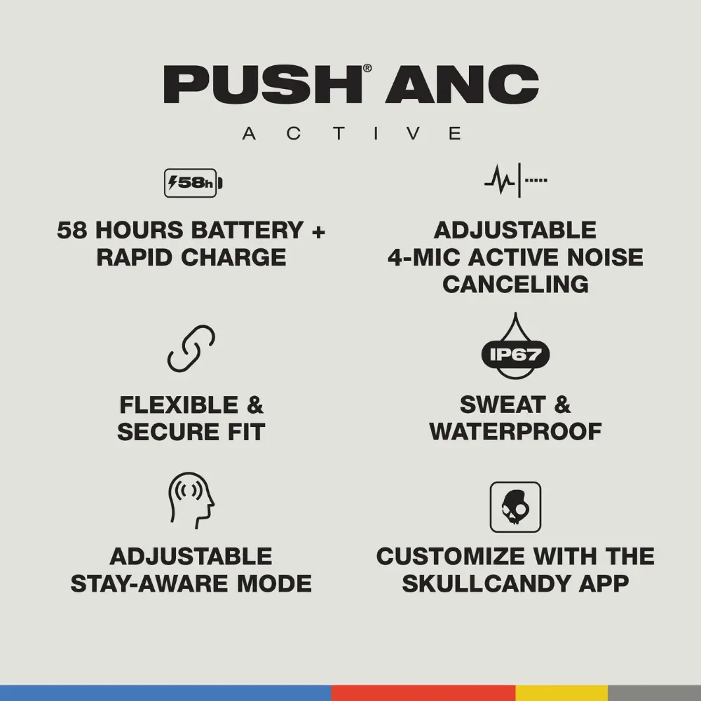 SKULLCANDY Push Active Wireless Bluetooth Noise-Cancelling Sports Earbuds - True Black & Orange