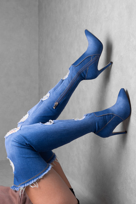 CORINA HIGH HEEL DENIM STRETCH OVER THE KNEE BOOT IN LIGHT BLUE