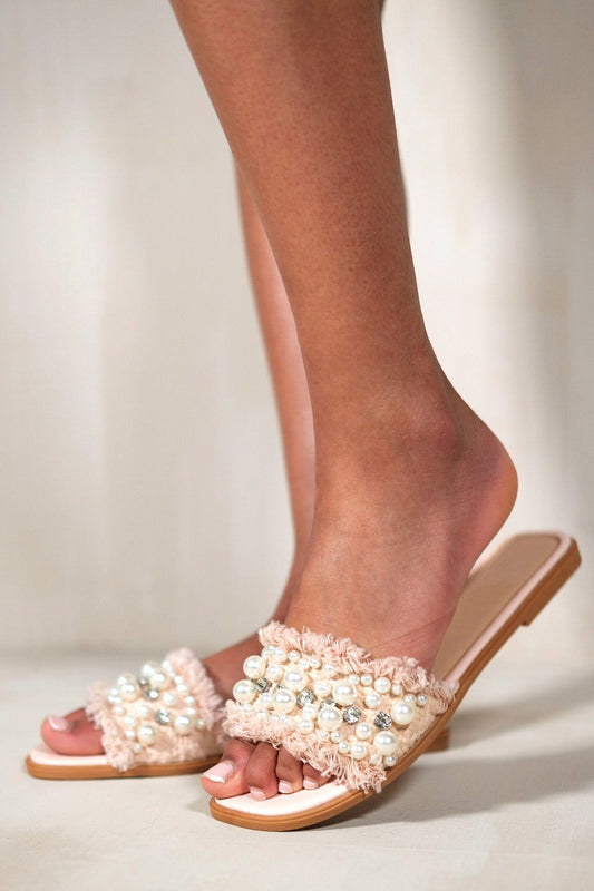 Milani Pearl Diamante Flat Sandals - Blush Pink