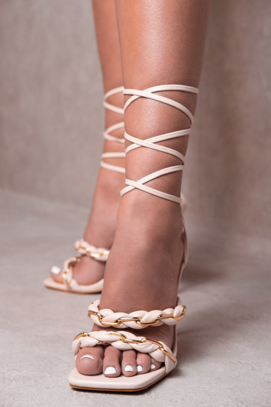 AYLA MULTI CHAIN SQUARE TOE LACE UP HEEL IN IVORY CREAM FAUX LEATHER