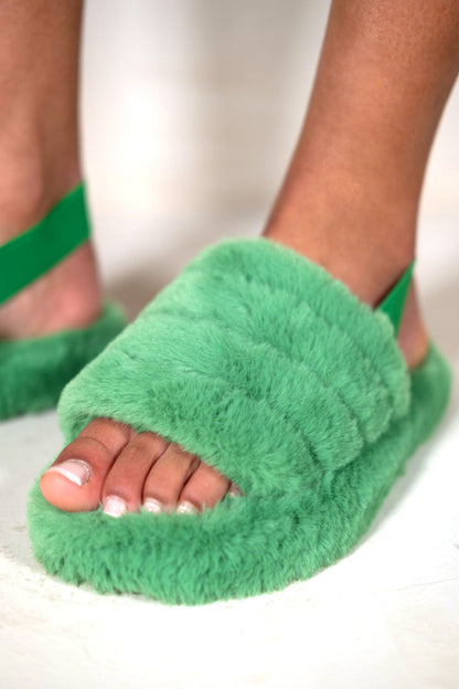 SASHA FLUFFY FAUX FUR MULE SLIPPERS WITH ELASTIC STRAP IN GREEN