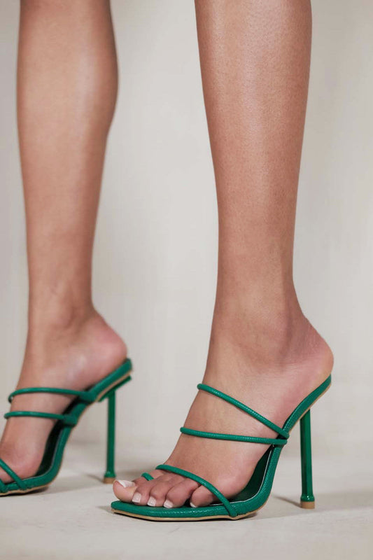 KAILANI STRAPPY SQUARE TOE HIGH HEELS IN JADE GREEN LIZARD