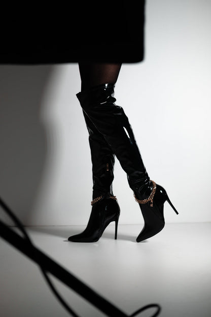 ALICE OVER THE KNEE HIGH HEEL BOOT IN BLACK PATENT FAUX LEATHER