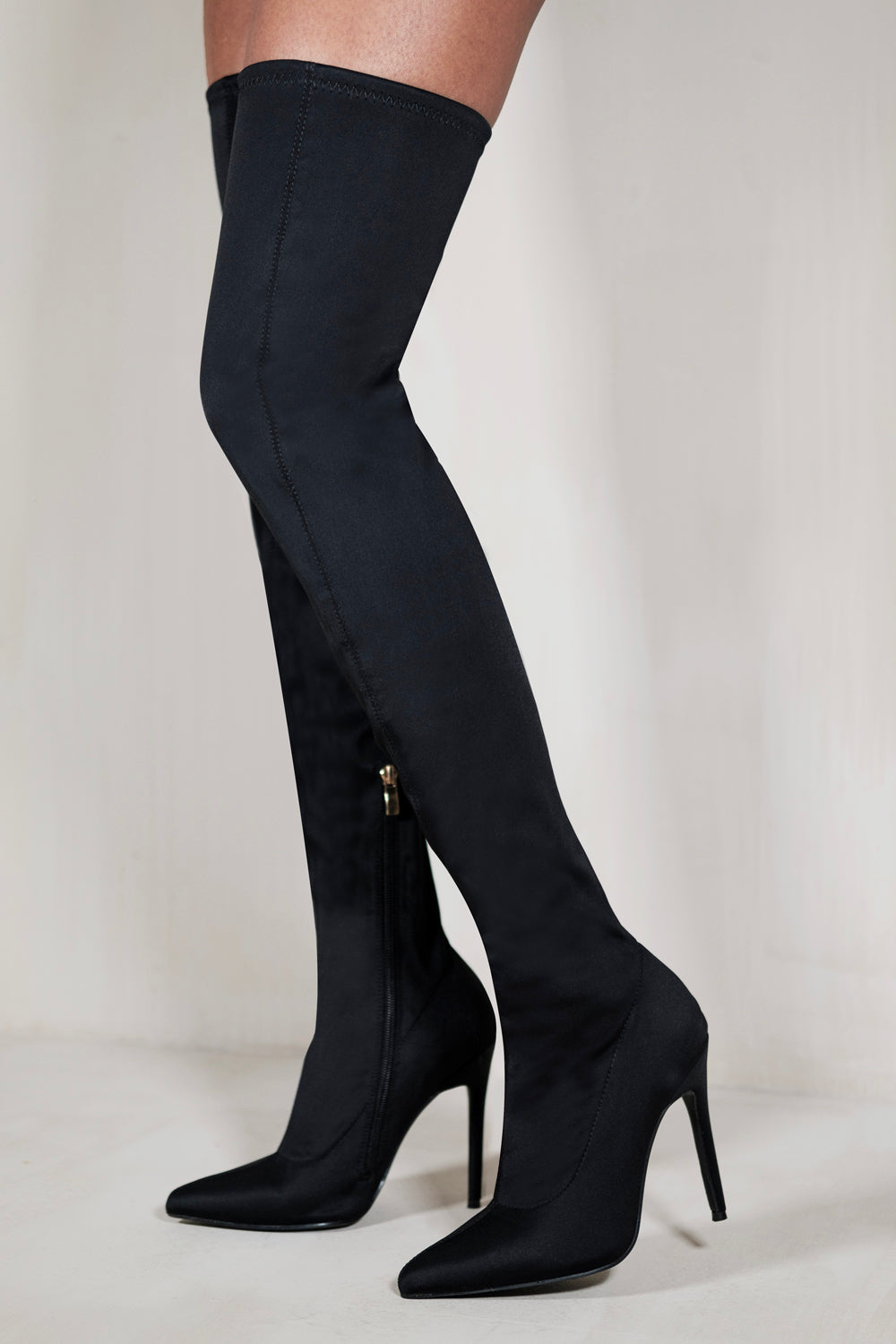 ALIVIA OVER THE KNEE HIGH HEEL BOOT WITH KNITTED LEG IN BLACK LYCRA