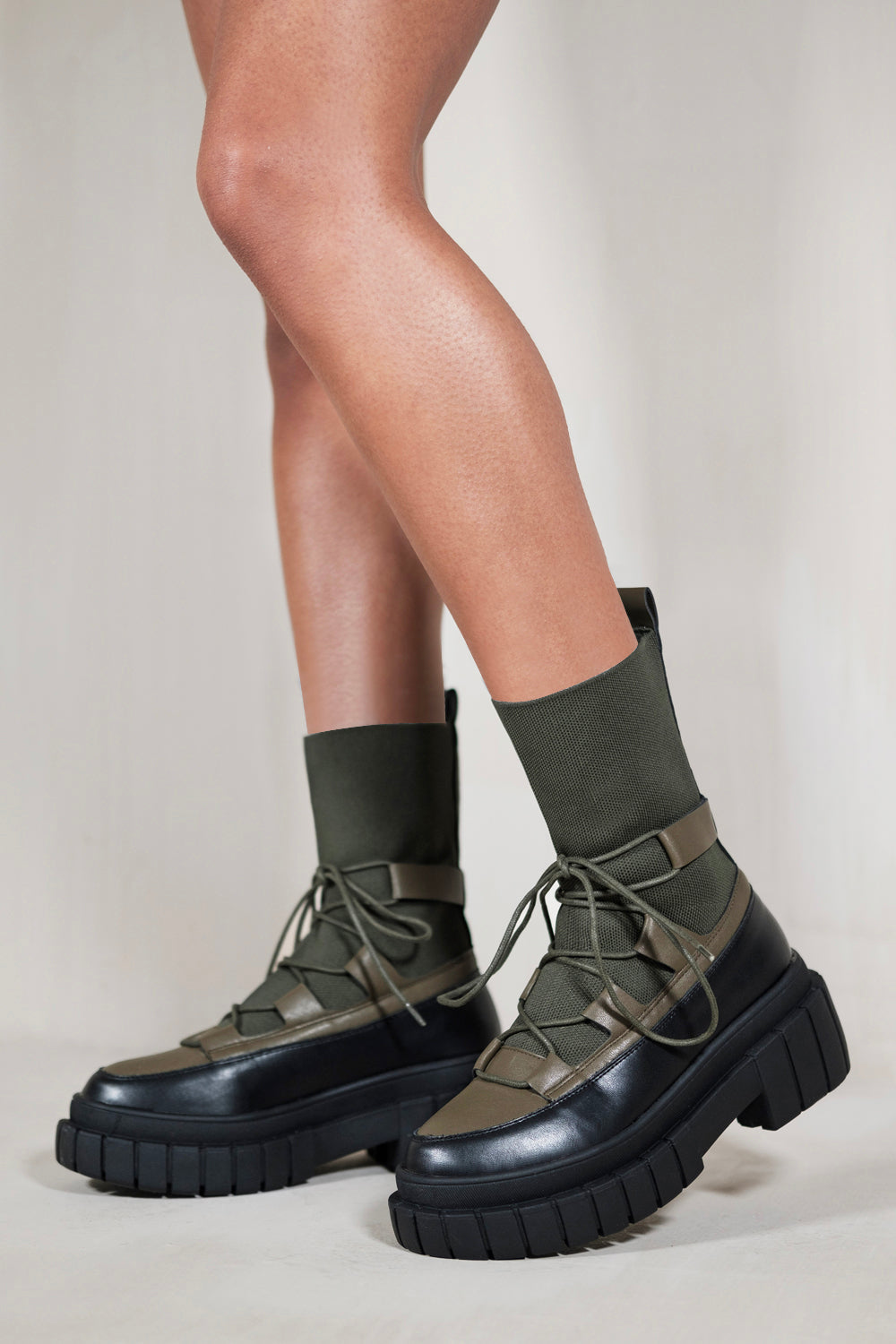 ZURI LACE UP KNITTED CHUNKY SOLE ANKLE BOOTS IN KHAKI