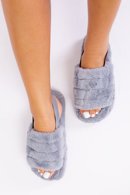 SASHA FLUFFY FAUX FUR MULE SLIPPERS WITH ELASTIC STRAP IN GREY