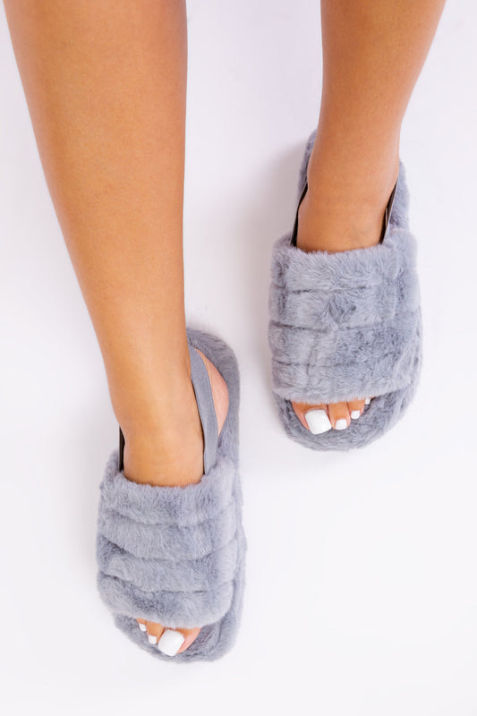 SASHA FLUFFY FAUX FUR MULE SLIPPERS WITH ELASTIC STRAP IN GREY