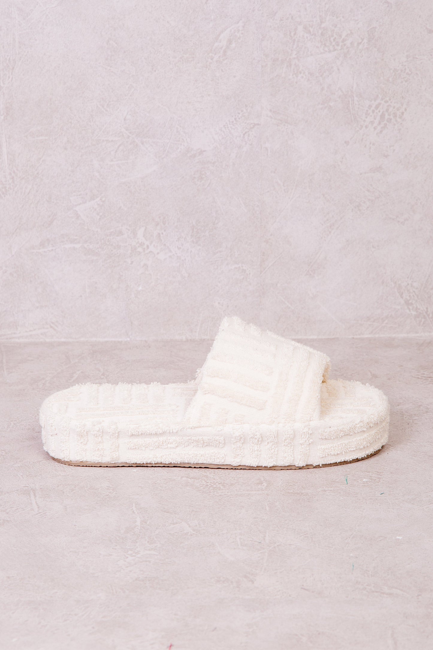 VESPA TERRY TOWEL FABRIC FLATFORM SLIDER IN IVORY CREAM