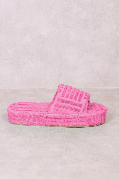 VESPA TERRY TOWEL FABRIC FLATFORM SLIDER IN PINK POP