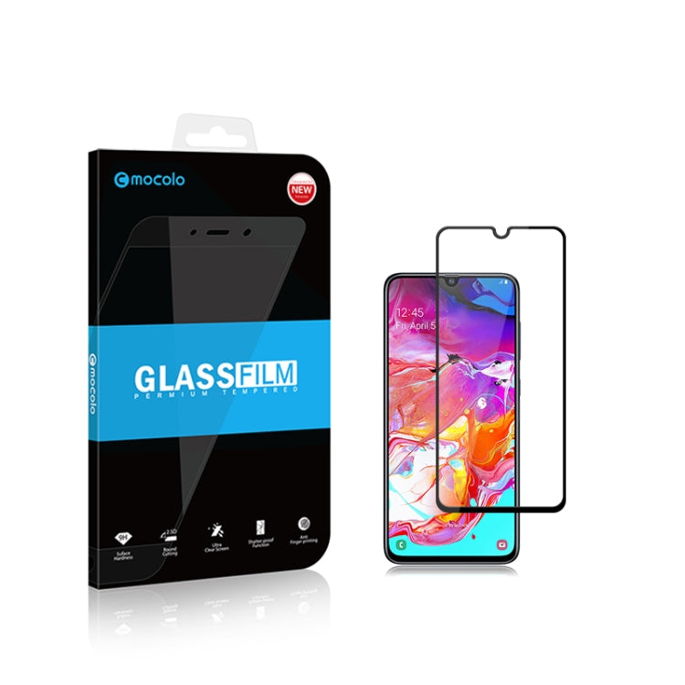 Film en verre trempé mocolo 0,33 mm 9H 2.5D Full Glue Silk Print pour Galaxy A70, compatible avec le déverrouillage par empreinte digitale (noir)