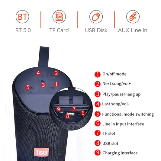 T&G TG169 LED Portable Bluetooth Speaker Outdoor Waterproof Subwoofer 3D Stereo Mini wireless Loudspeaker Support AUX FM TF card(Gray)