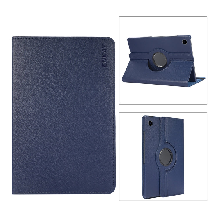 Pour Samsung Galaxy Tab A8 10.5 2021 X200/X205 ENKAY Étui intelligent en cuir Litchi rotatif à 360 degrés (Bleu foncé)