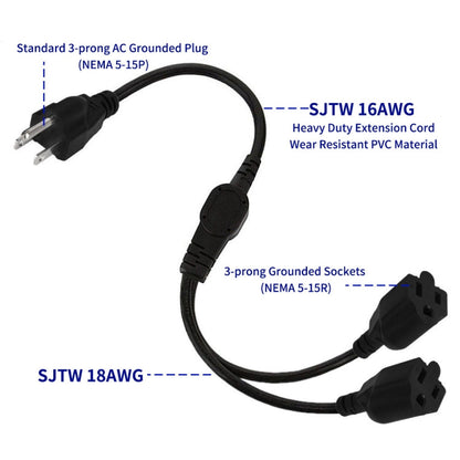 JUNSUNMAY US 1.6FT NEMA 5-15P 1 to 2 Way Outlet NEMA 5-15R SJT 16AWG 3 Prong Power Cable Wire Extender