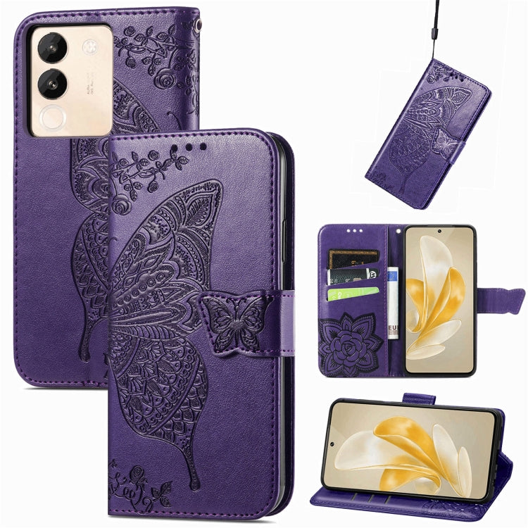 Pour l'étui de téléphone en cuir gaufré papillon amour fleur pour Vivo X100 Pro (violet)
